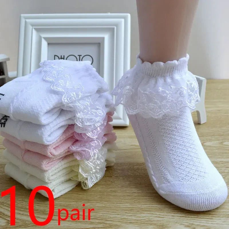 10 Pairs Baby Girls Socks – Lace Ruffle Princess Ankle Socks, Breathable Cotton Mesh for Toddlers, White, Pink & Blue