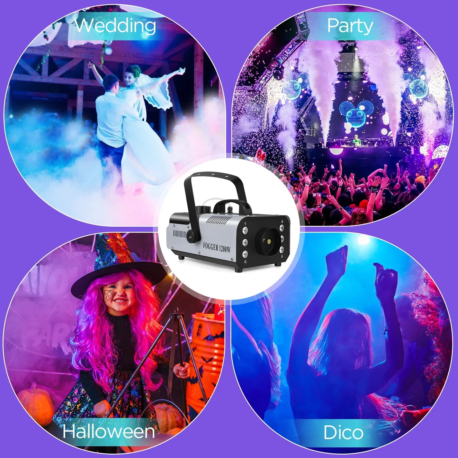 U'King 1200W Fog Machine 6LEDs Remote Fogger Ejector Disco Colorful Smoke Machine DJ Christmas Party Effects Stage Light