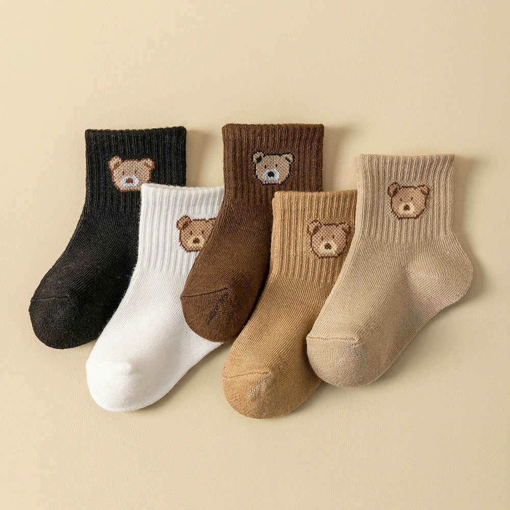 5 Pairs Baby Socks Toddler Soft Comfortable Breathable All-Season Cartoon Bear Pattern Kids Footwear