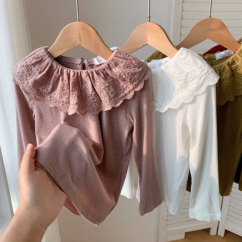 1-12Years Long Sleeved Shirts Children's Spring Knitted Tops Baby's Lace 2025 Lace Base Shirt Korean Girls Ruffle Collar T-shirt