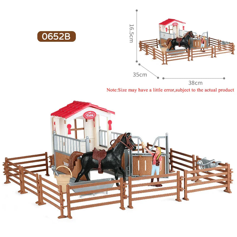 Oenux Farm Stable House Model Action Figures Emulational Horseman Horse Animals Playset Figurine Cute Educational Kids Toy Gift