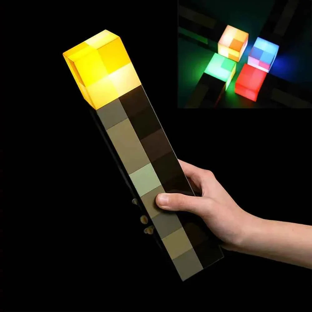 MC Game Brownstone Torch Lamp Figure 4Colors LED Night Light Bedroom Decorative Table Lamp USB Charging with Buckle Kids Toy Gif